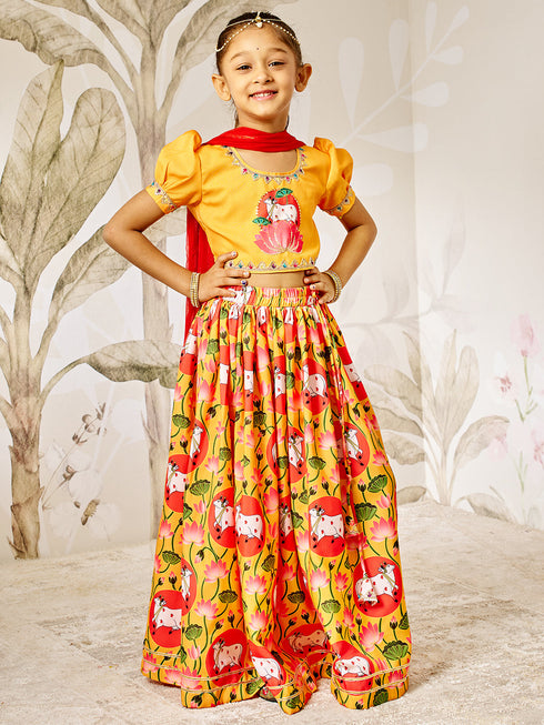 Girl's Mustard & Red Animal Print Lehenga Set
